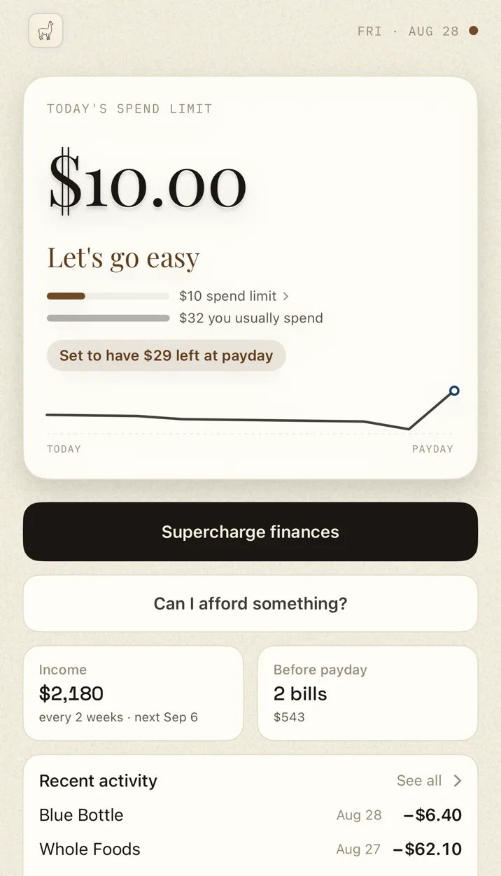 The Ralphy app in a careful week: the verdict reads 'Let's go easy' with a trimmed $10 spend limit and the note 'Set to have $29 left at payday'.